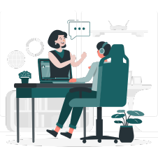 Illustration of a female developer working on a coding project at a desk with a laptop, gears, and web interface icons.