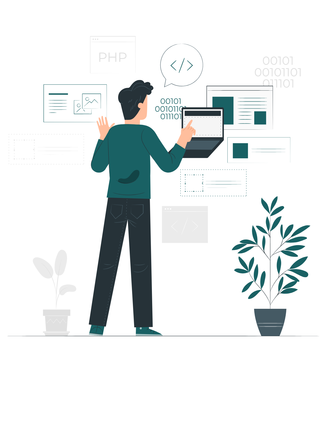 Illustration of a creative team collaborating on a UI/UX design project at a desk with interface elements and notes.