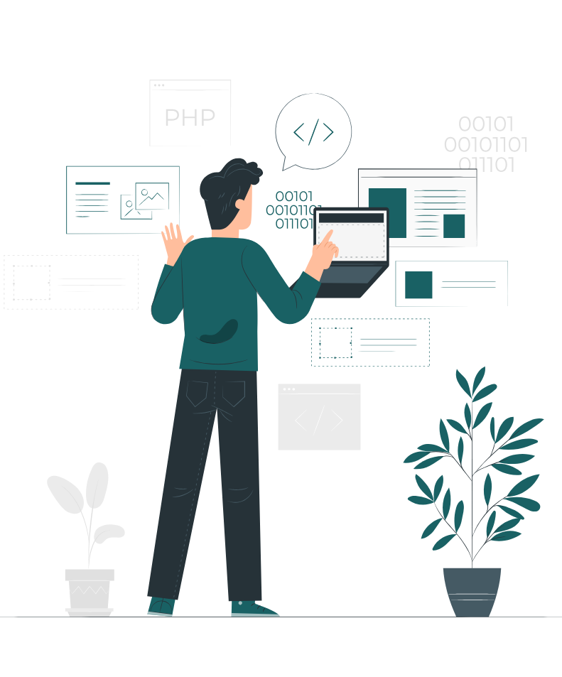 Illustration of a creative team collaborating on a UI/UX design project at a desk with interface elements and notes.